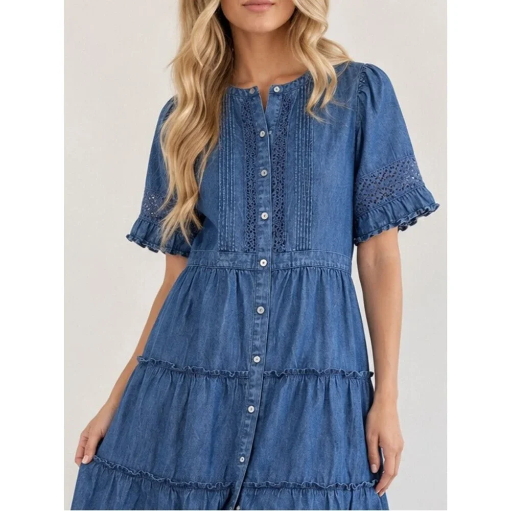 NWT Gap x LoveShackFancy Denim Tiered Midi Dress L Dark Wash Lace Button Front